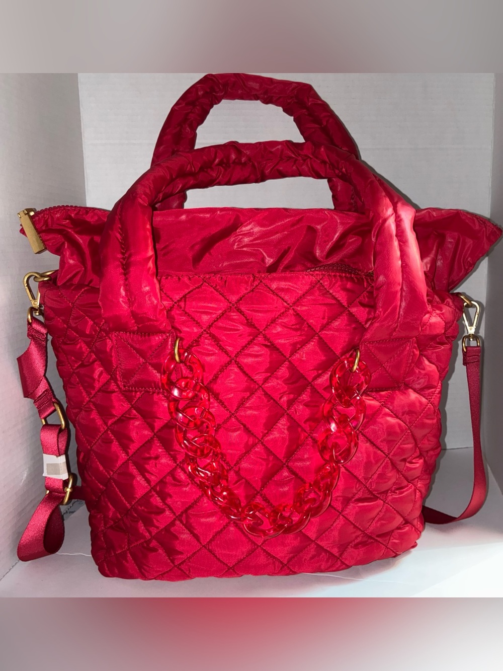 NEW Jill & Ally Quilted Red Tote Bag with Chain Accent - Women's Handbag